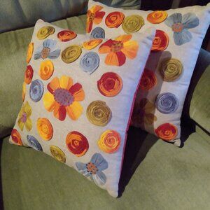 2 Pier 1 Imports 12" Small Toss Throw Pillows Needlework Embroidered Flowers